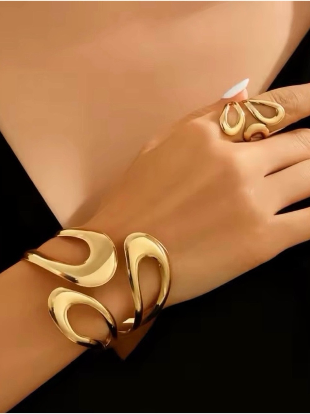 Zara Gold Open Sculptural Cuff Bracelet and Matching Ring Set - Picture 1 of 4